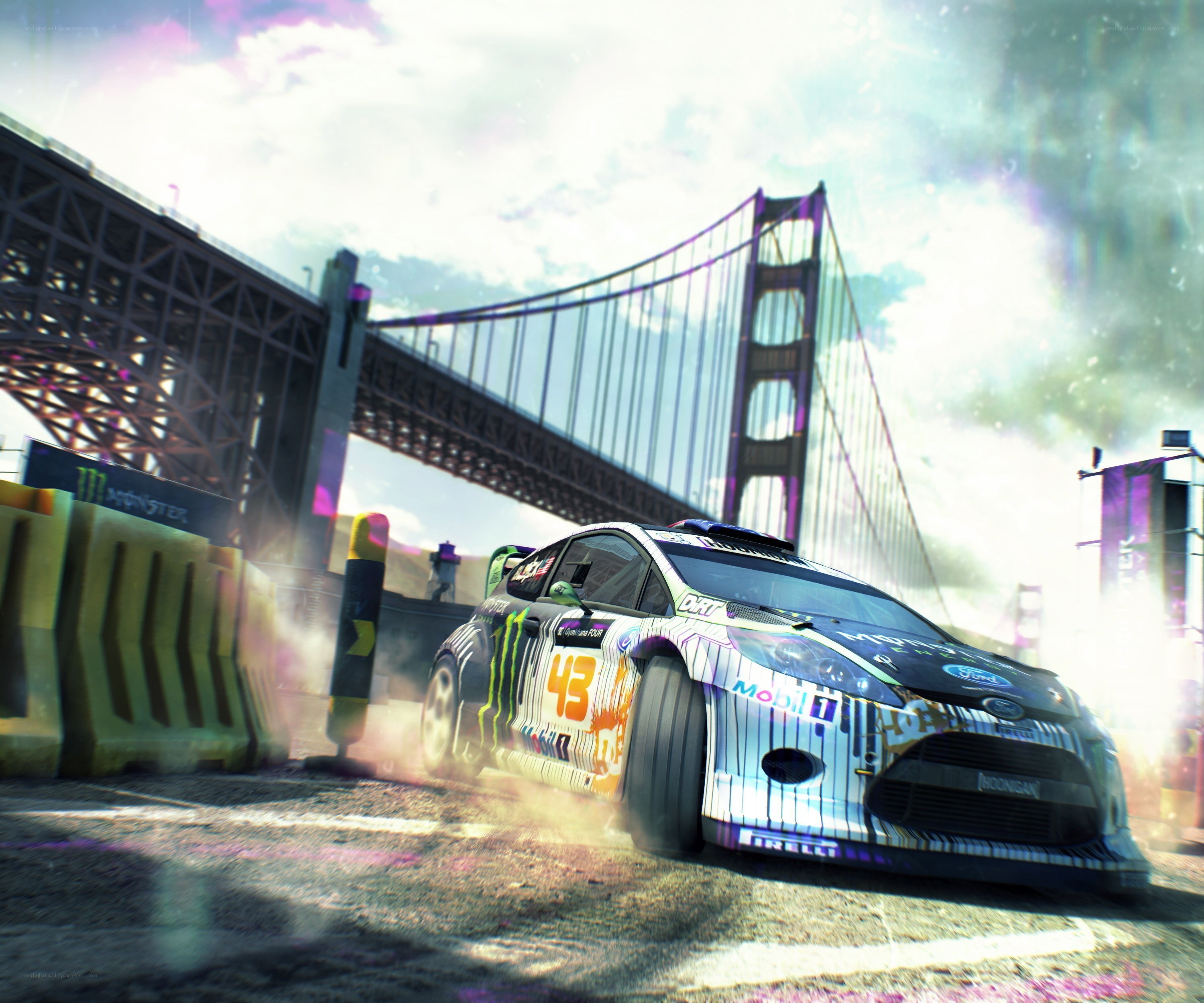 Racing car drifting near bridge
