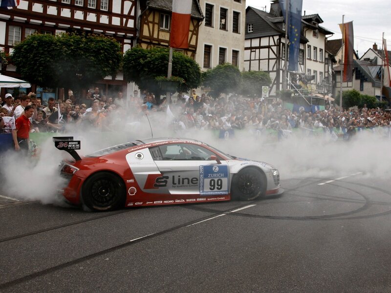 Racing car drifts in town