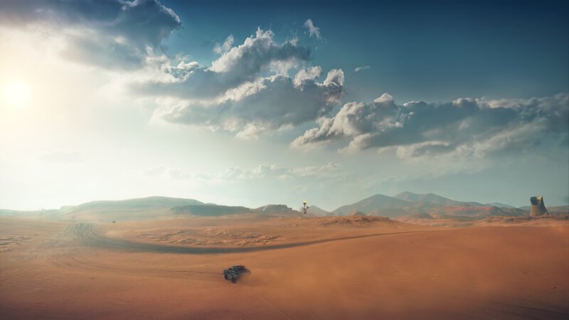 Racing Car in Desert — Orange, Dramatic