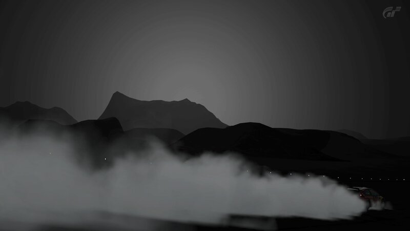 racing car in foggy mountains