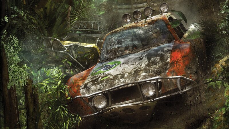 Racing car in jungle terrain