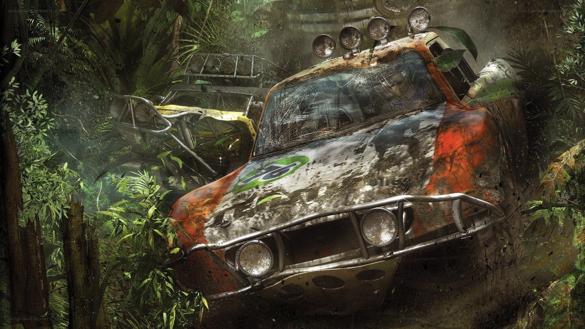Racing car in jungle terrain