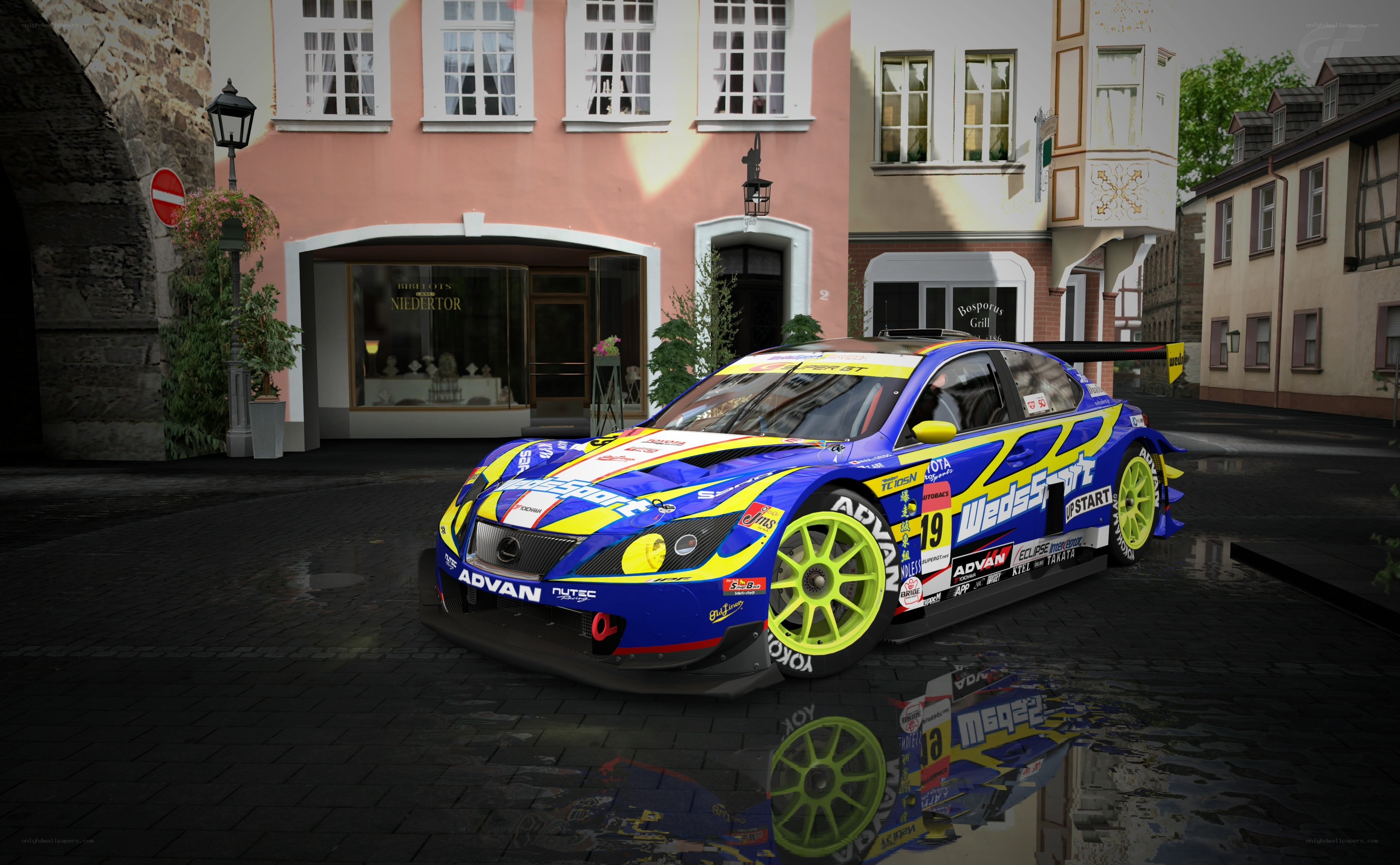 racing car in town square