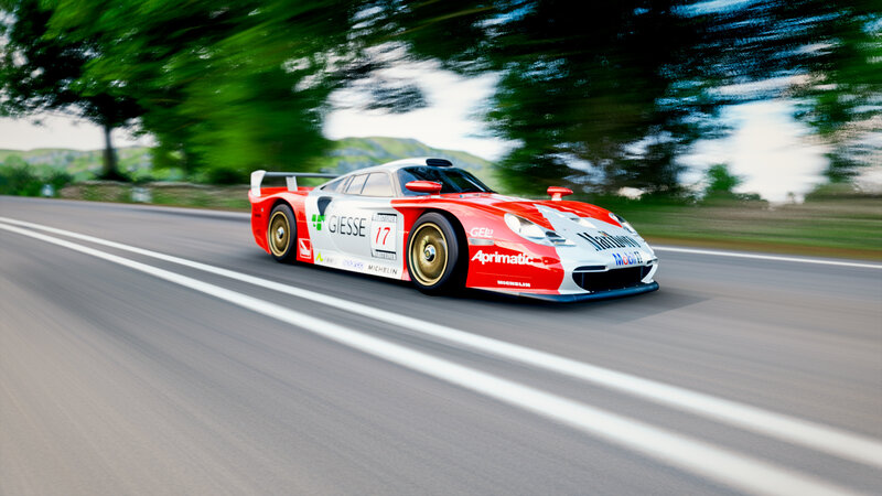 Racing Car on Road — Red, Dynamic, Afternoon