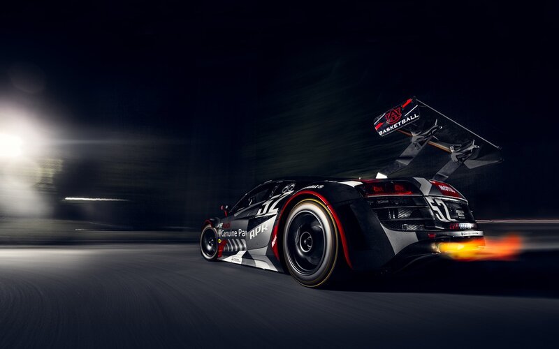 Racing Car on Track — Black, Dramatic, Night, Photograph