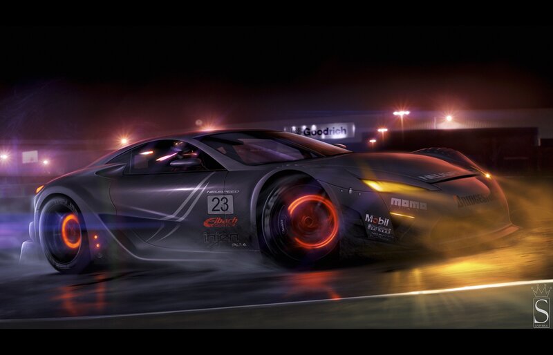 Racing Car on Track — Black, Dramatic, Night