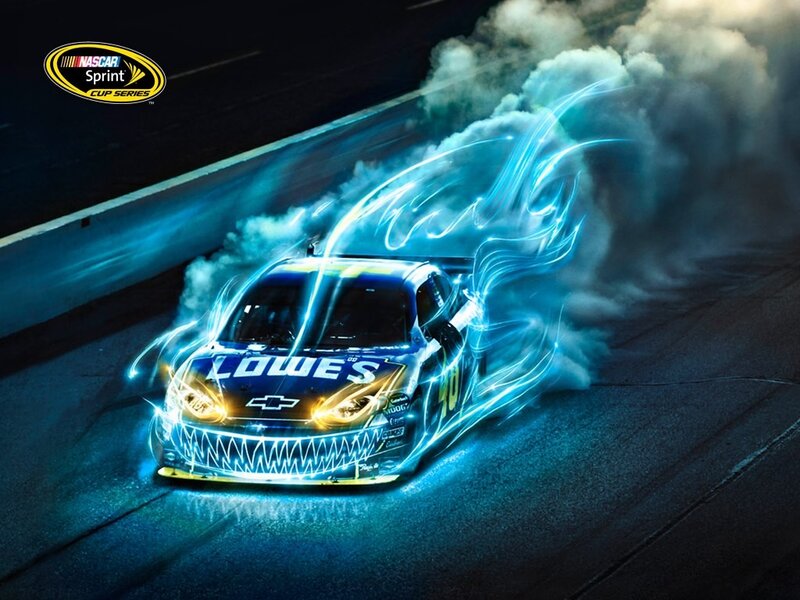 Racing Car on Track — Blue, Dramatic, Night, Digital Art, Smoke, Light Trails, Race Track