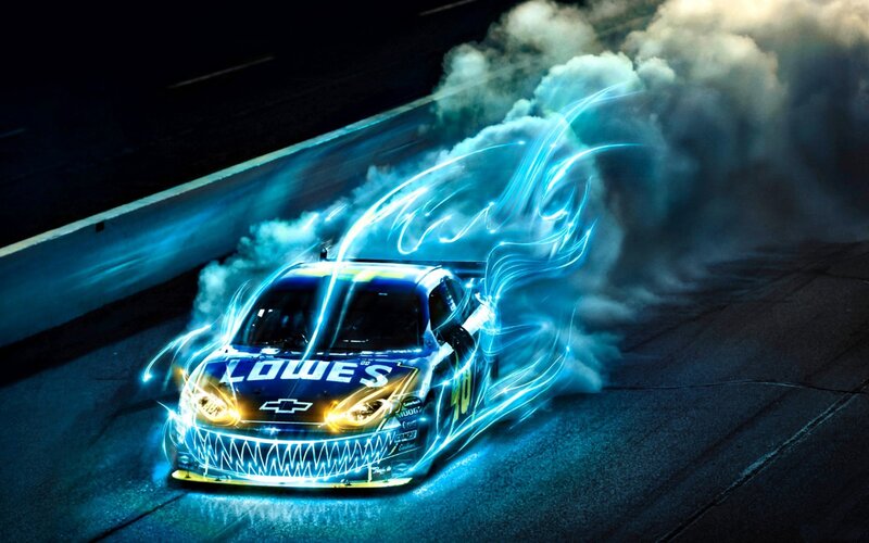 Racing Car on Track — Blue, Dramatic, Night, Digital Art, Smoke