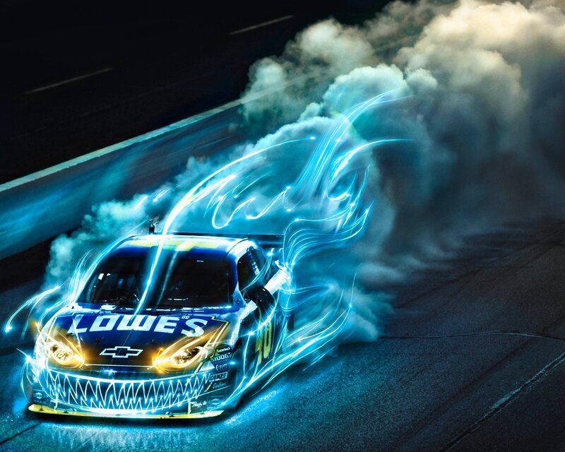 Racing Car on Track — Blue, Dramatic, Night, Digital Art