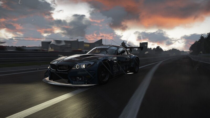 Racing Car on Track — Blue, Dramatic, Sunset, 3d Render