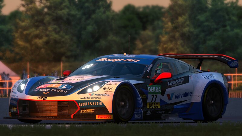 Racing Car on Track — Blue, Dramatic, Sunset, 3d Render, Trees, Fence