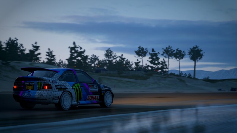 Racing Car on Track — Blue, Dramatic, Sunset, 3d Render, Trees
