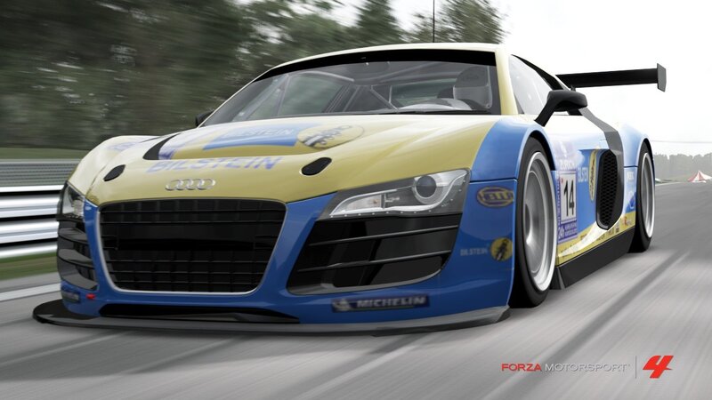 Racing Car on Track — Blue, Dynamic, 3d Render, Race Car, Trees