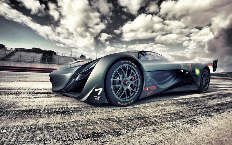Racing Car on Track — Gray, Dramatic, Afternoon