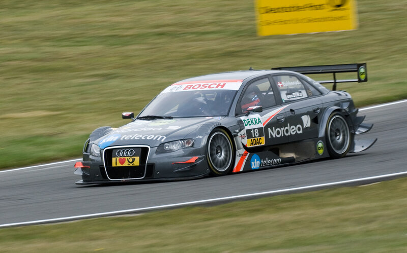 Racing Car on Track — Gray, Dynamic, Afternoon, Photograph, Race Car, Grass