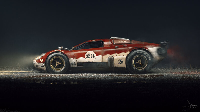 Racing Car on Track — Red, Dramatic, Night