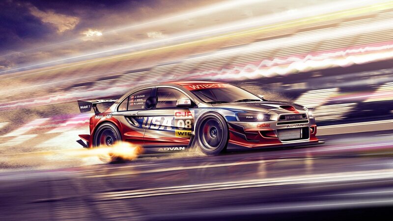 Racing Car on Track — Red, Dynamic, Sunset, Digital Art