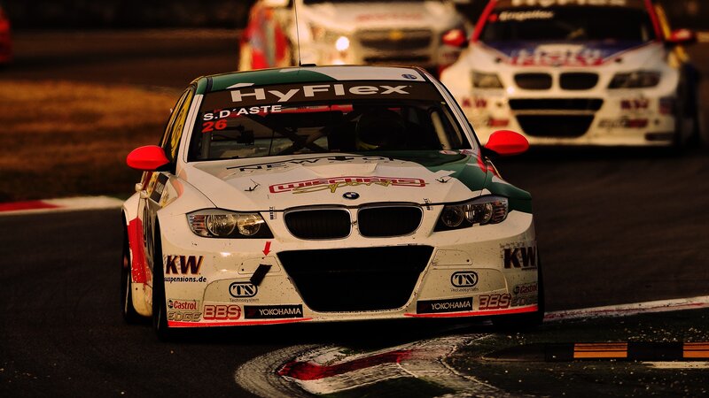 Racing Car on Track — White, Dramatic, Night, Photograph, Race Cars