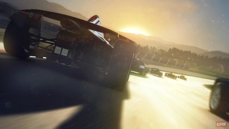 Racing Car on Track — Yellow, Dynamic, Sunset