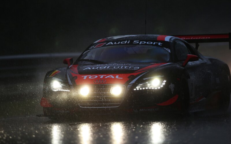Racing Car on Wet Track — Black, Dramatic