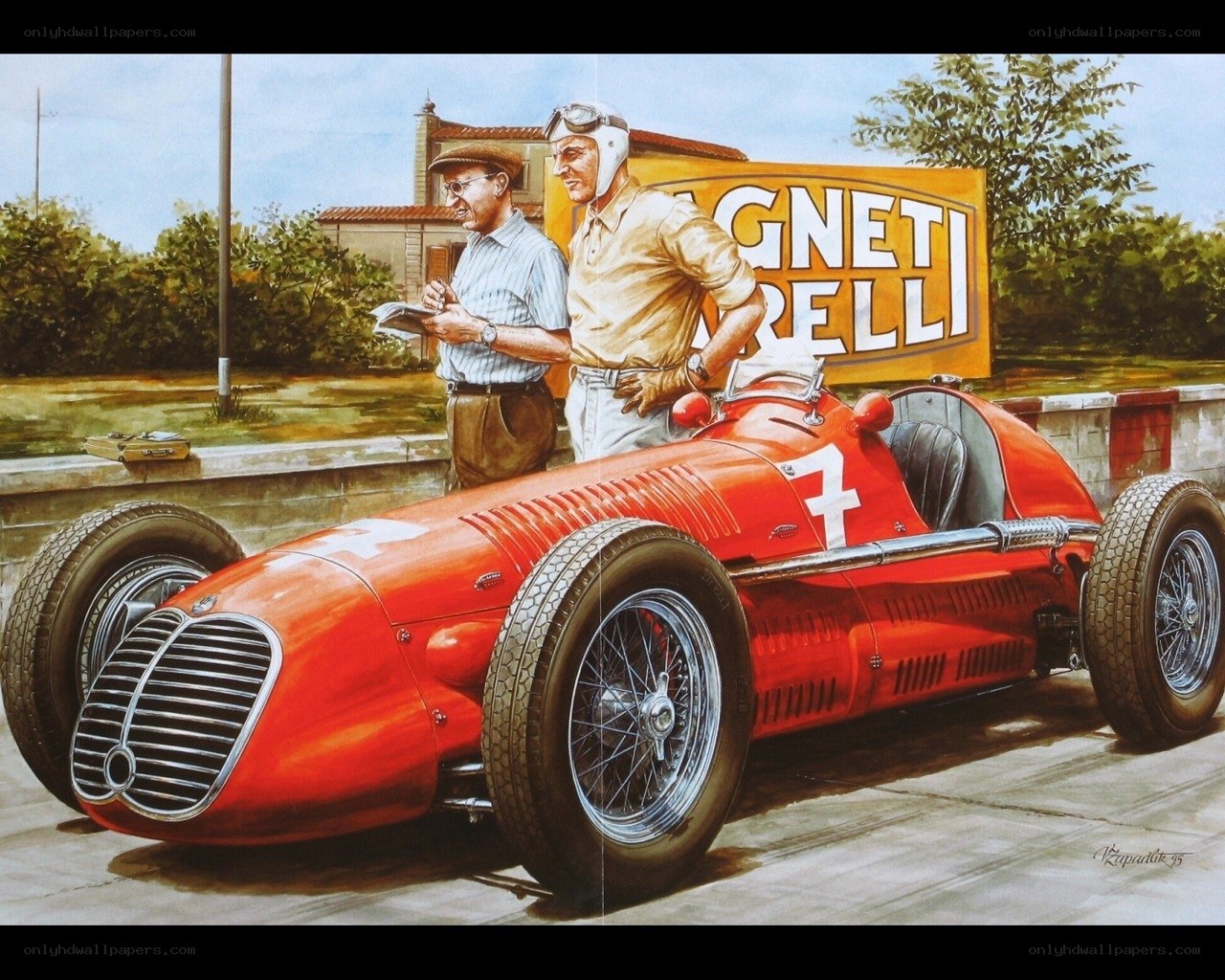Racing car with driver and mechanic