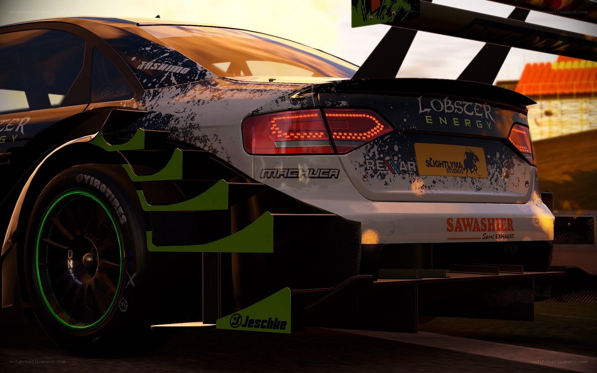 racing car with sponsor decals