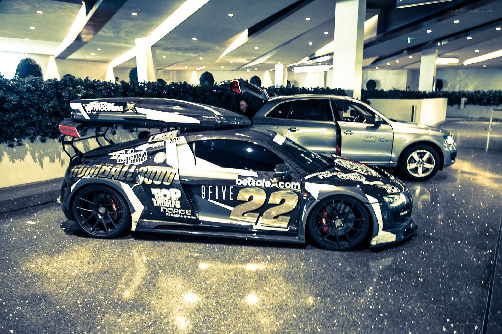 racing car with sponsor decals