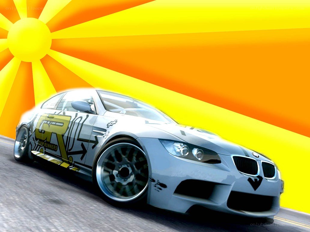 racing car with sunburst background