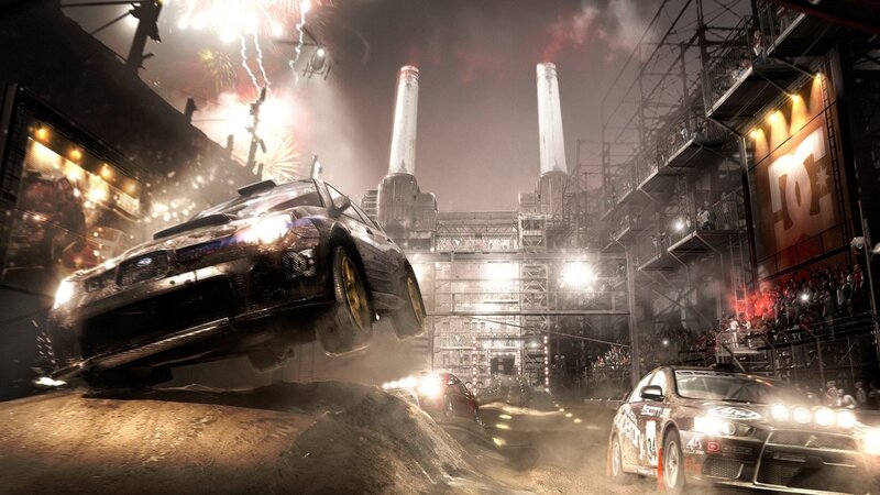 Racing Cars at Night — Black, Dramatic, Digital Art, Fireworks, Crowd