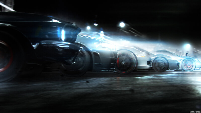 Racing Cars at Night — Black, Dramatic, Digital Art, Lights