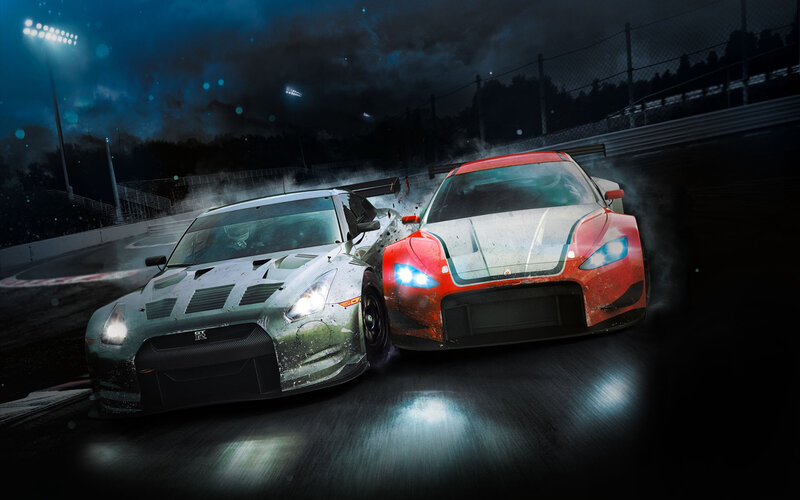 racing cars collide at night