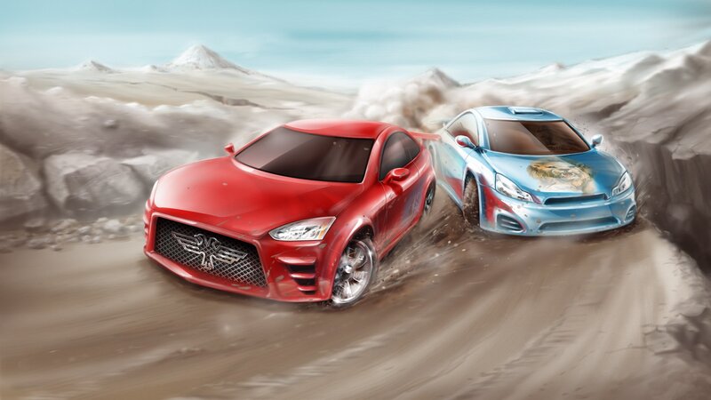 Racing cars in desert canyon