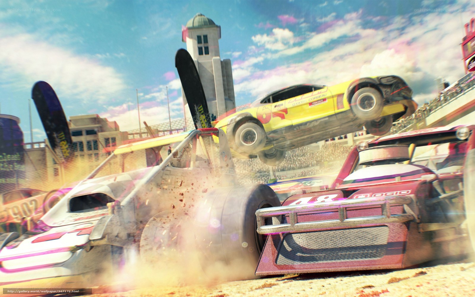 Racing cars in mid-air collision