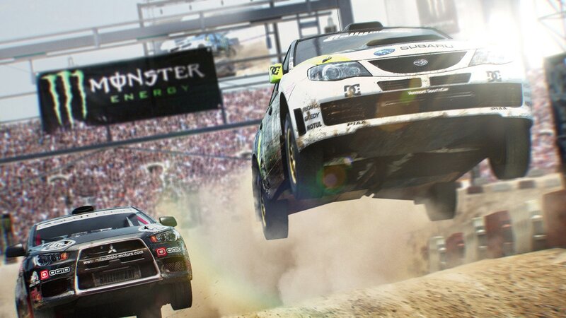 racing cars in mid-air jump