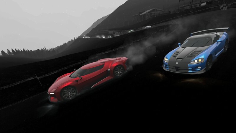 Racing cars on a mountain track