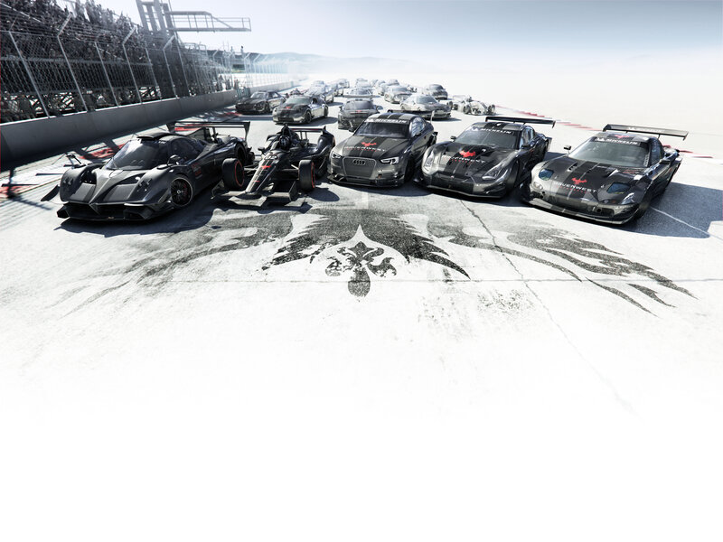 Racing Cars on Track — Black, Dramatic, Afternoon, 3d Render