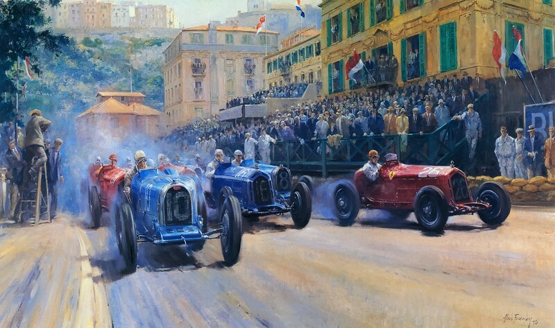Racing Cars on Track — Blue, Dynamic, Afternoon, Painting, Crowd