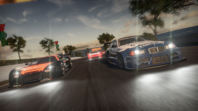 Racing Cars on Track — Blue, Dynamic, Sunset