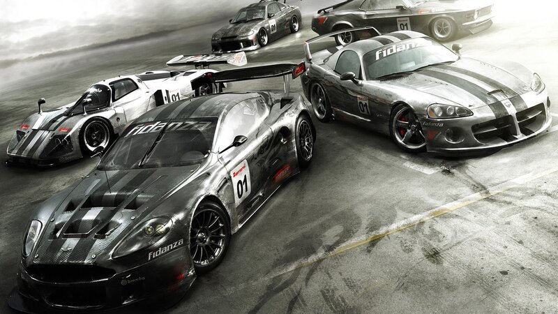 Racing Cars on Track — Gray, Dramatic, Digital Art