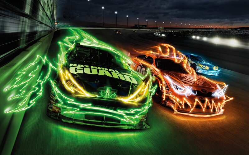 Racing Cars on Track — Green, Dramatic, Night