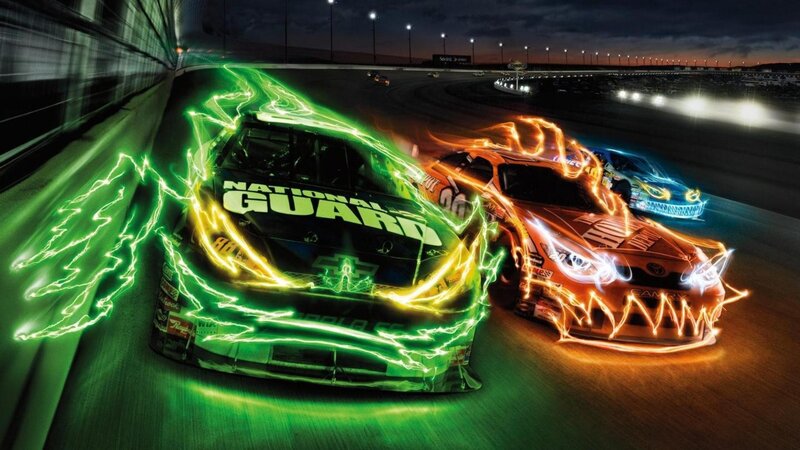 Racing Cars on Track — Green, Dramatic