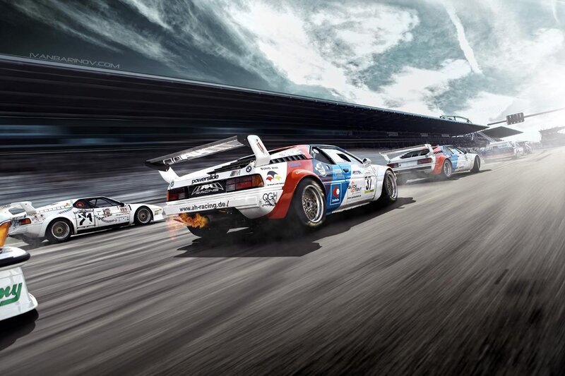 Racing Cars on Track — White, Dramatic, Digital Art
