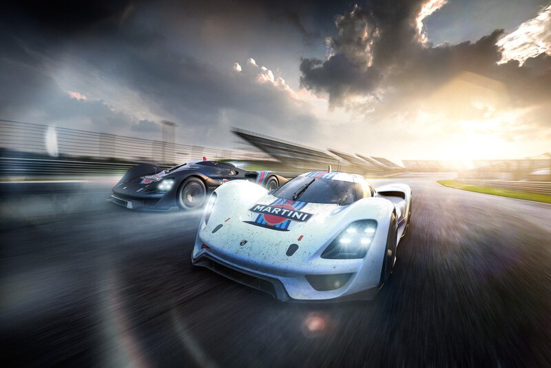 Racing Cars on Track — White, Dramatic, Sunset