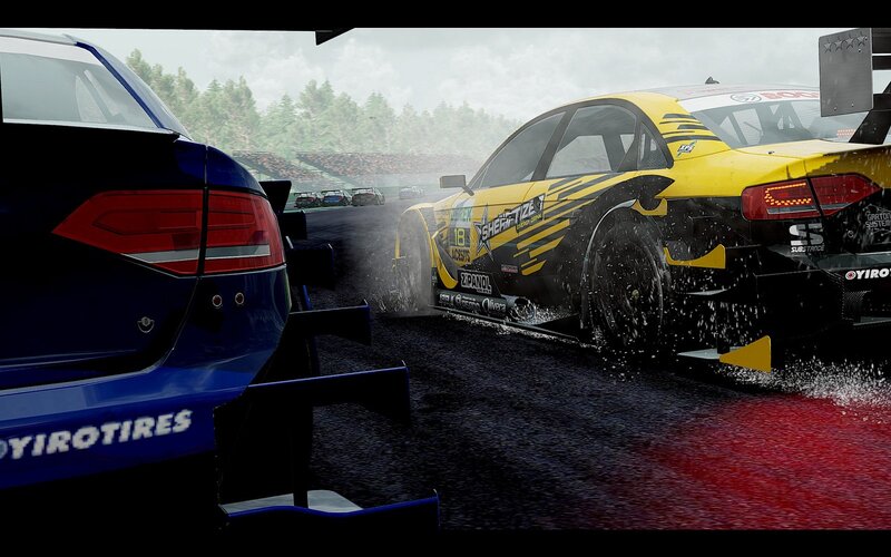 racing cars on wet track