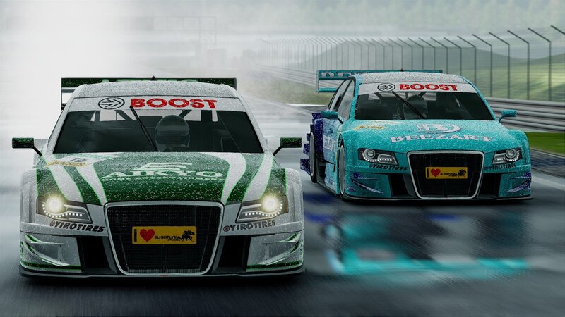 racing cars on wet track