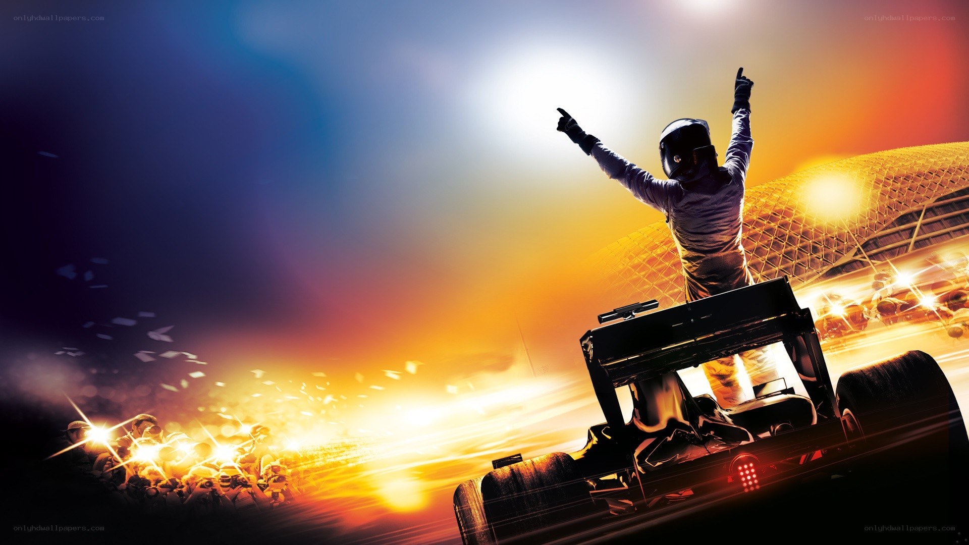 racing driver celebrates victory