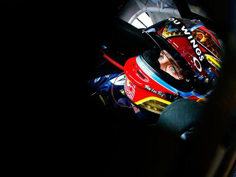 Racing Driver in Helmet — Red, Focused