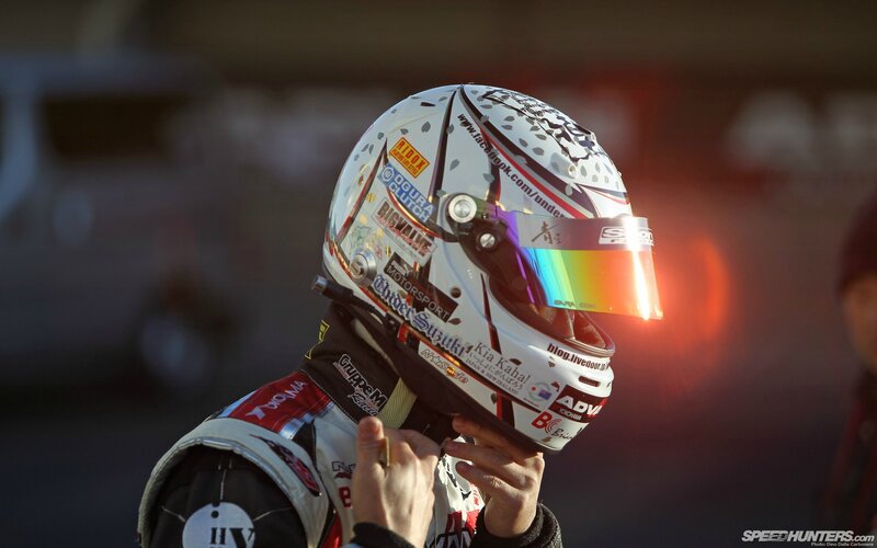 Racing Driver in Helmet — White, Dramatic, Sunset