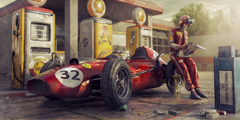 Racing Driver with Car — Red, Dramatic