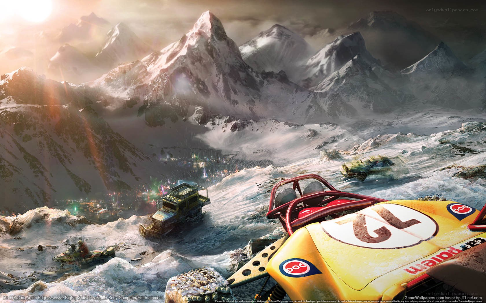 racing in a snowy mountain valley